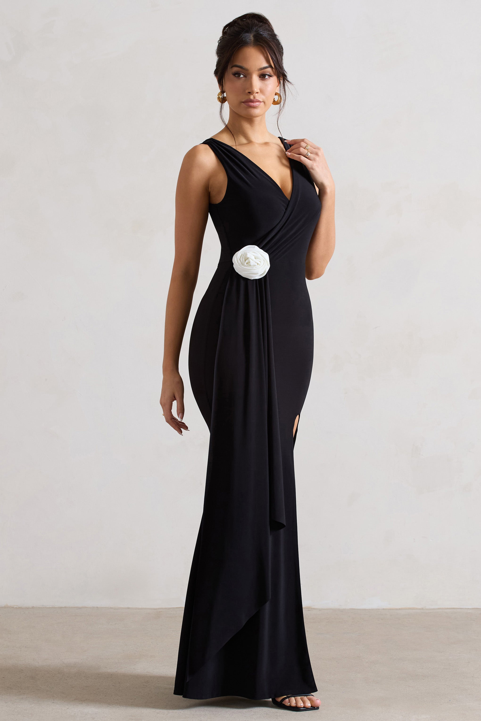 Endora Black Split Maxi Dress With Corsage & Drape-Fashionmomo.All Rights Reserved