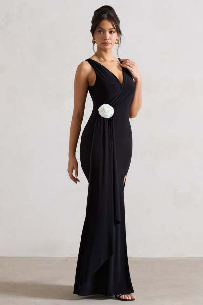 Endora Black Split Maxi Dress With Corsage & Drape-Fashionmomo.All Rights Reserved
