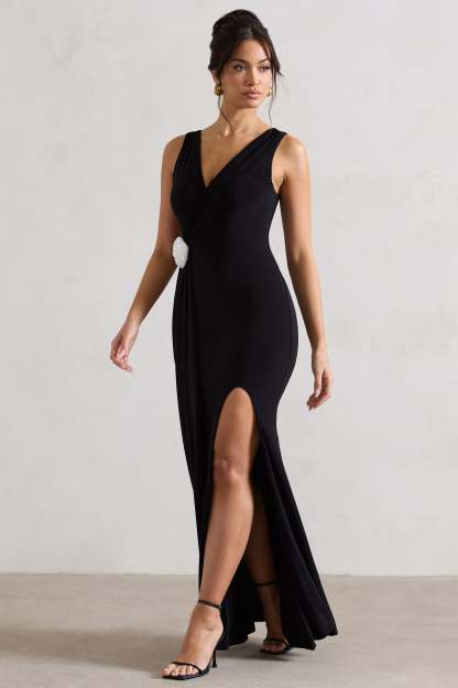 Endora Black Split Maxi Dress With Corsage & Drape-Fashionmomo.All Rights Reserved