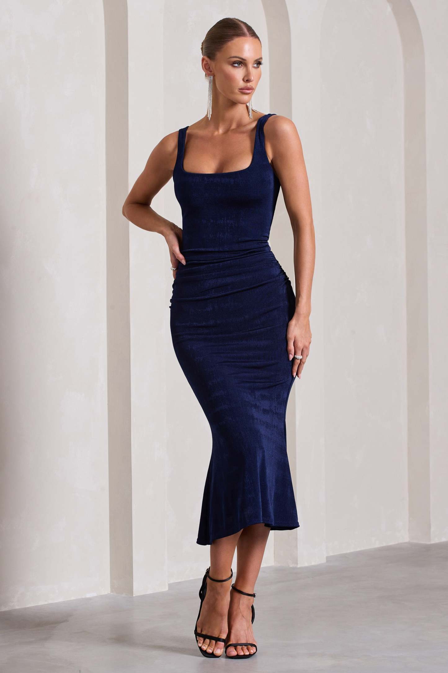 Evora Navy Ruched Square-Neck Fishtail Midi Dress-Fashionmomo.All Rights Reserved