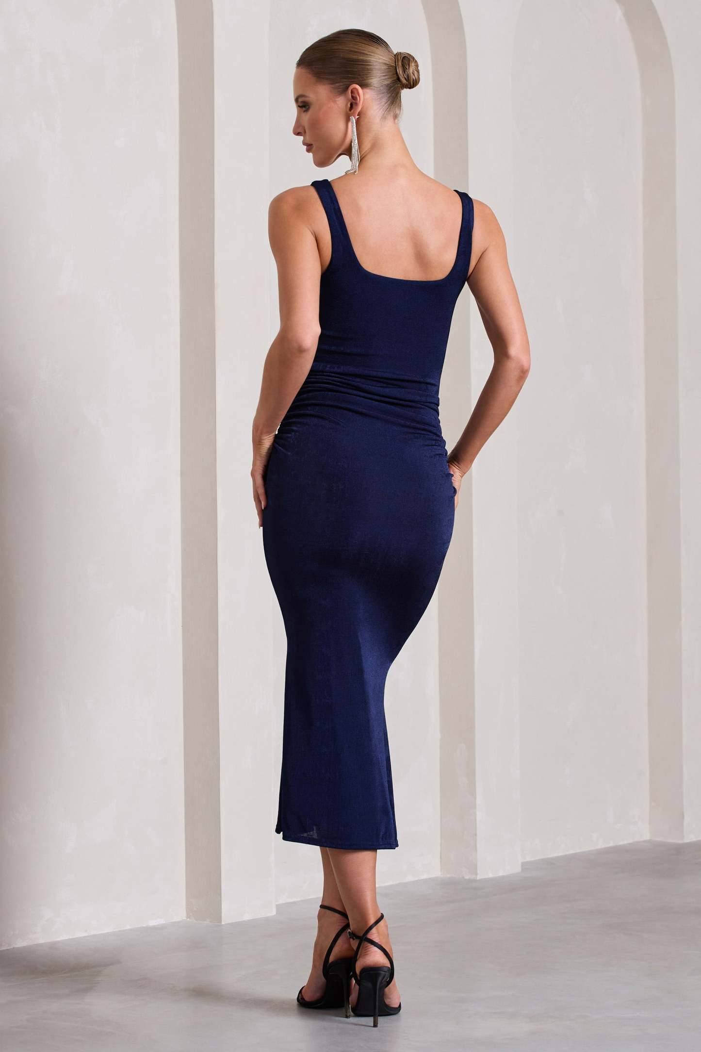 Evora Navy Ruched Square-Neck Fishtail Midi Dress-Fashionmomo.All Rights Reserved