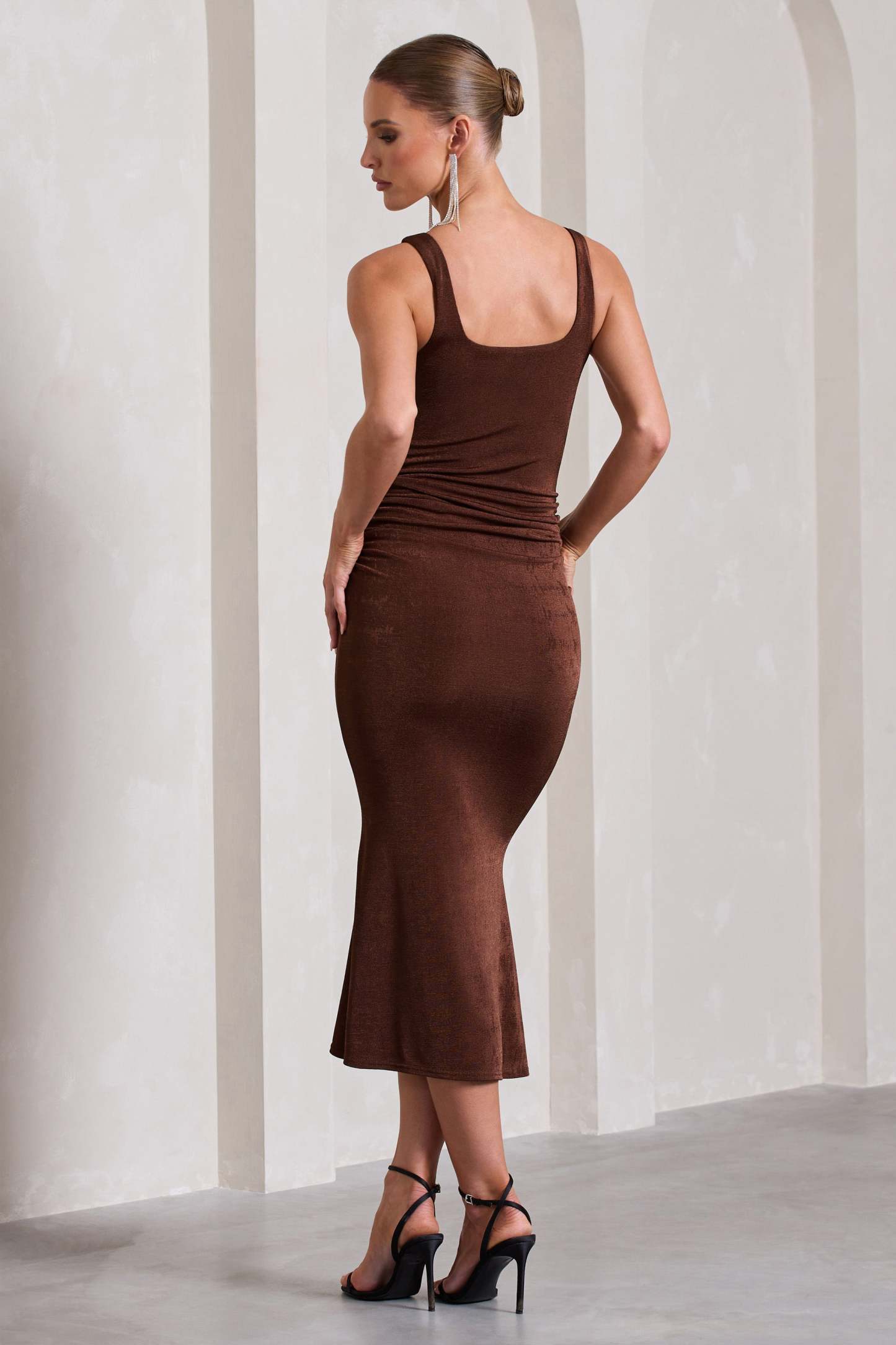 Evora Chocolate Ruched Square-Neck Fishtail Midi Dress-Fashionmomo.All Rights Reserved
