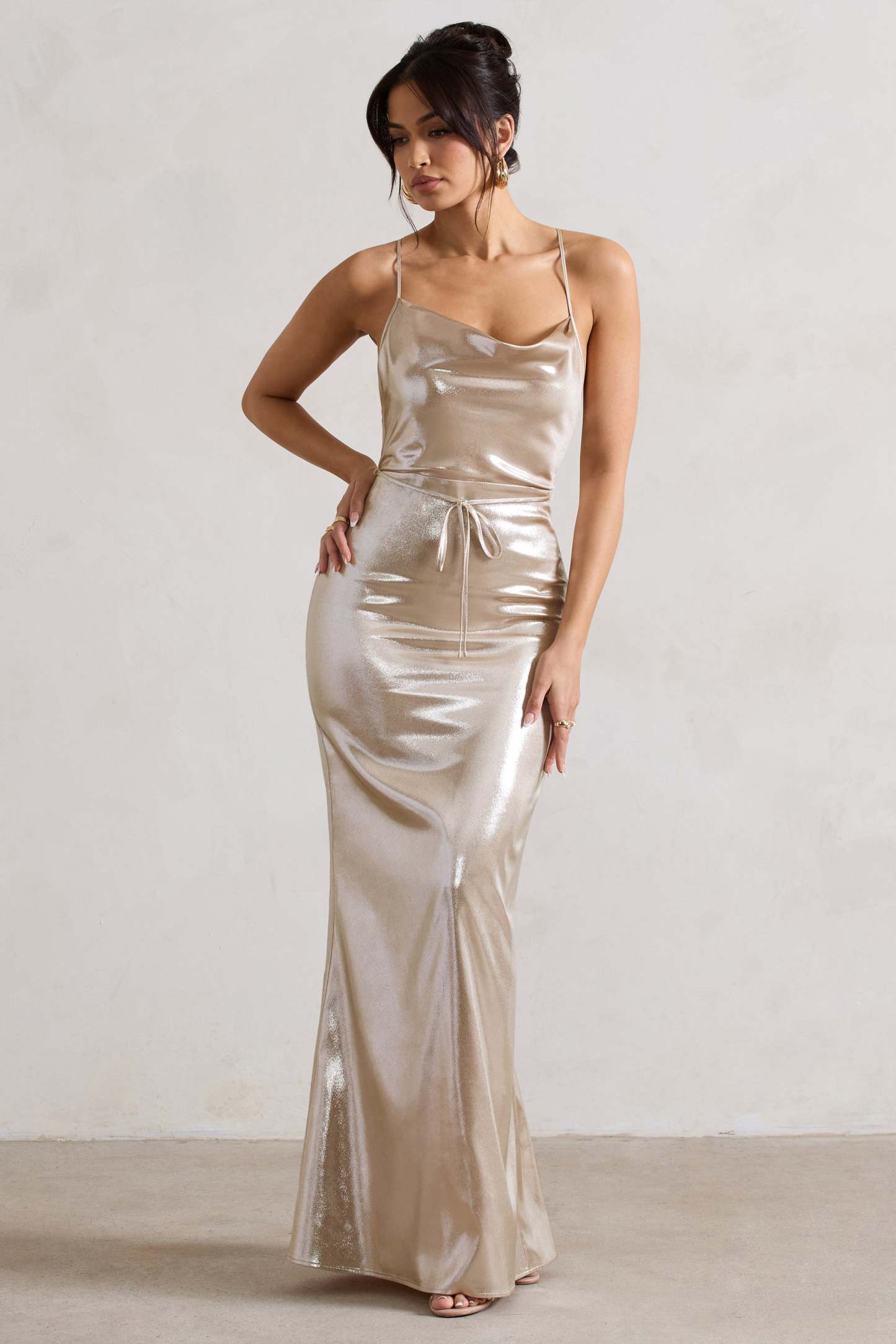 All In Time Champagne Metallic Cowl-Neck Maxi Dress With Cross Back Detail-Fashionmomo.All Rights Reserved