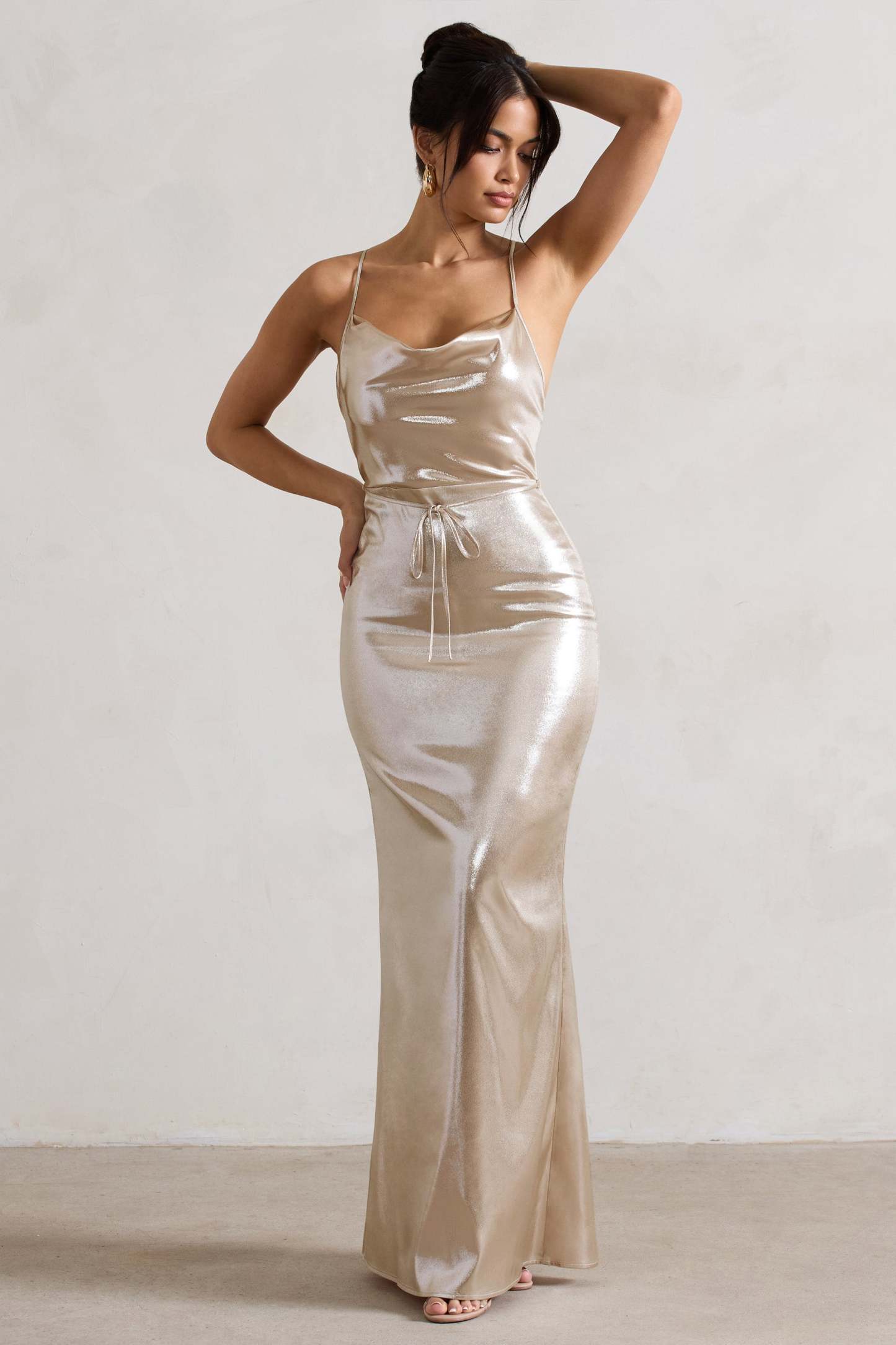 All In Time Champagne Metallic Cowl-Neck Maxi Dress With Cross Back Detail-Fashionmomo.All Rights Reserved