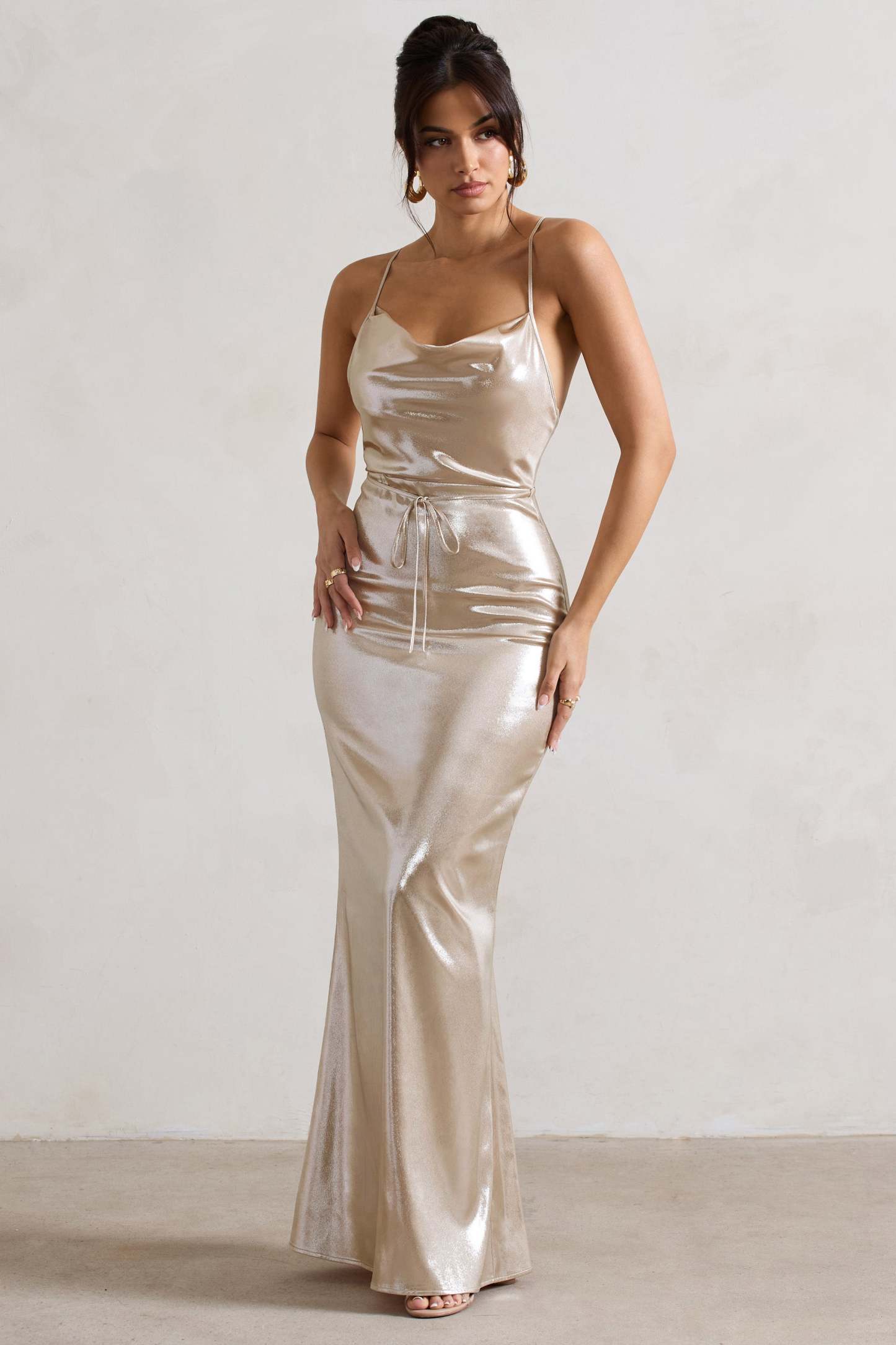 All In Time Champagne Metallic Cowl-Neck Maxi Dress With Cross Back Detail-Fashionmomo.All Rights Reserved