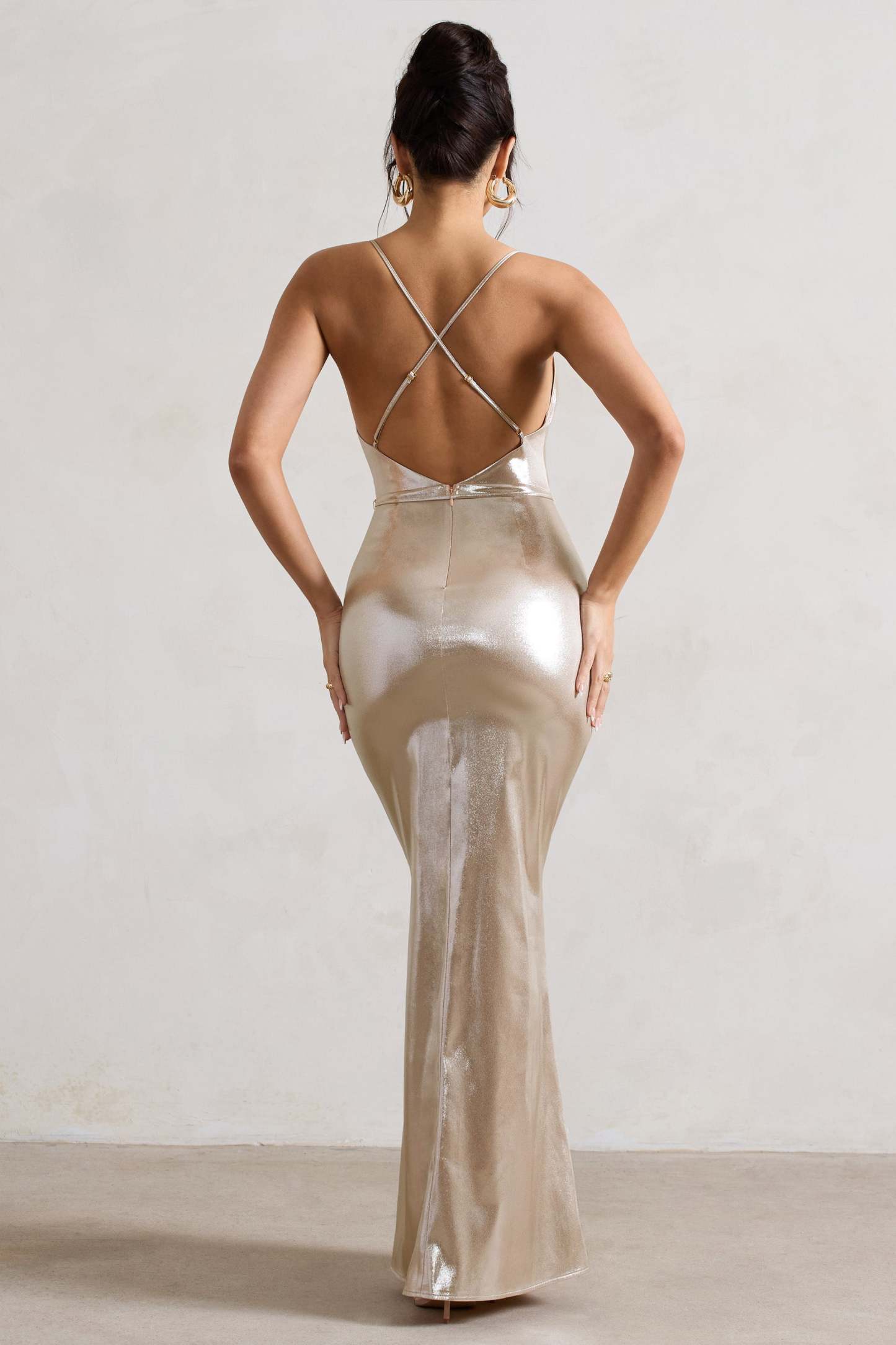 All In Time Champagne Metallic Cowl-Neck Maxi Dress With Cross Back Detail-Fashionmomo.All Rights Reserved