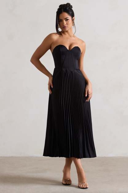 Bordeaux Black Satin Corset Style Midi Dress-Fashionmomo.All Rights Reserved