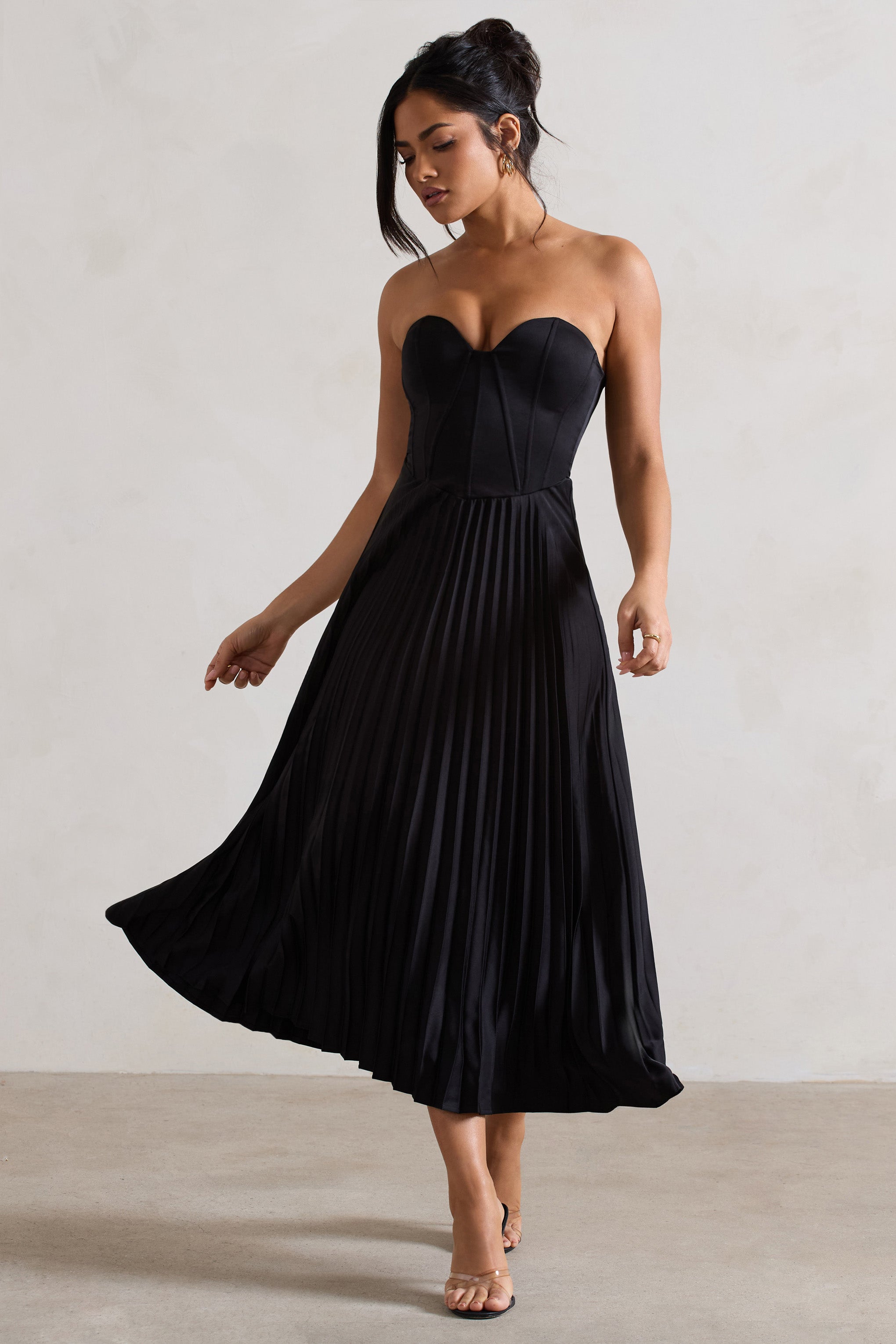 Bordeaux Black Satin Corset Style Midi Dress-Fashionmomo.All Rights Reserved