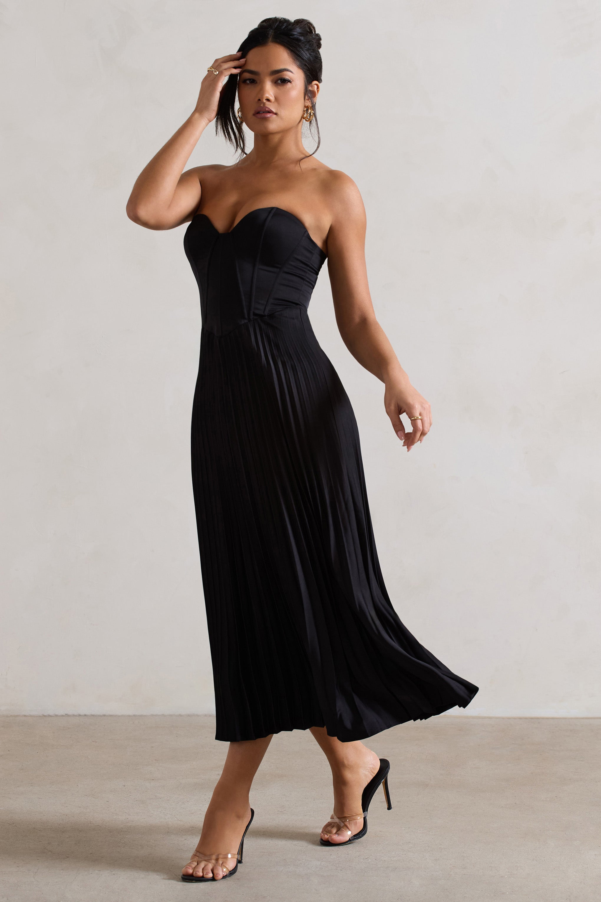 Bordeaux Black Satin Corset Style Midi Dress-Fashionmomo.All Rights Reserved