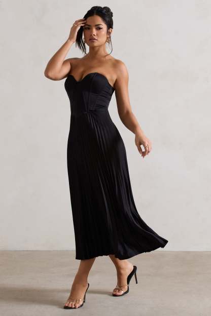 Bordeaux Black Satin Corset Style Midi Dress-Fashionmomo.All Rights Reserved