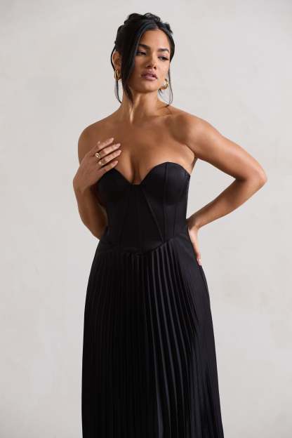 Bordeaux Black Satin Corset Style Midi Dress-Fashionmomo.All Rights Reserved