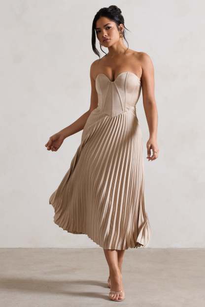 Bordeaux Champagne Satin Corset Style Midi Dress-Fashionmomo.All Rights Reserved