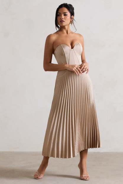 Bordeaux Champagne Satin Corset Style Midi Dress-Fashionmomo.All Rights Reserved