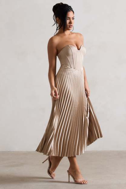 Bordeaux Champagne Satin Corset Style Midi Dress-Fashionmomo.All Rights Reserved