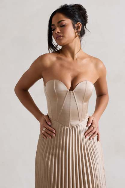 Bordeaux Champagne Satin Corset Style Midi Dress-Fashionmomo.All Rights Reserved