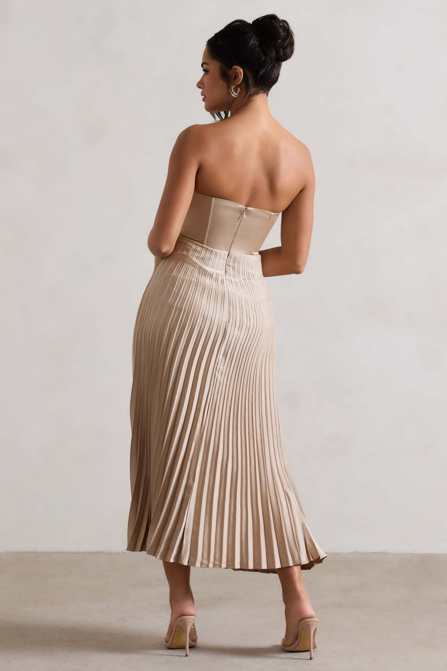 Bordeaux Champagne Satin Corset Style Midi Dress-Fashionmomo.All Rights Reserved