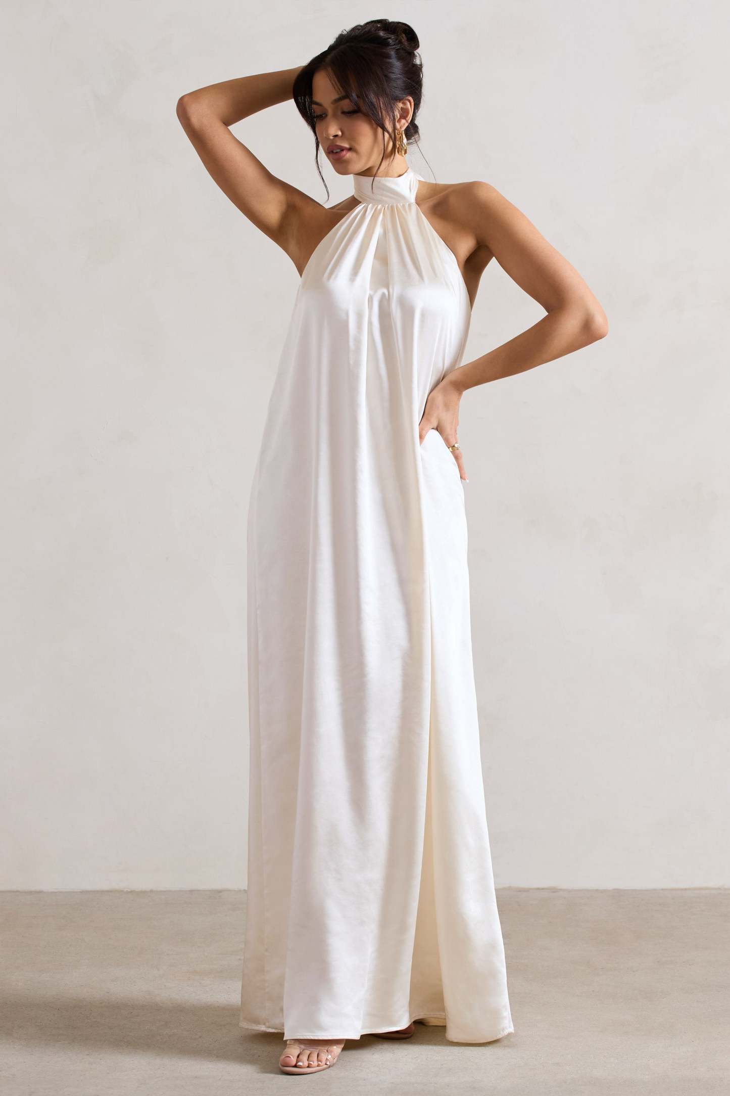 Gloriana Cream Satin High-Neck Maxi Dress-Fashionmomo.All Rights Reserved