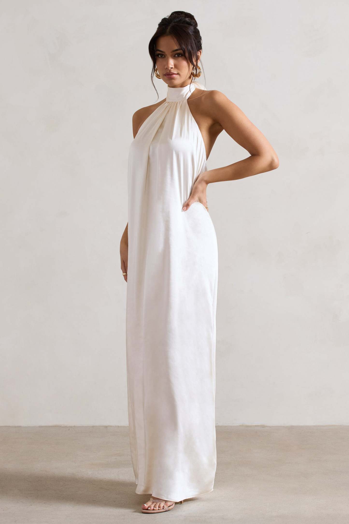 Gloriana Cream Satin High-Neck Maxi Dress-Fashionmomo.All Rights Reserved