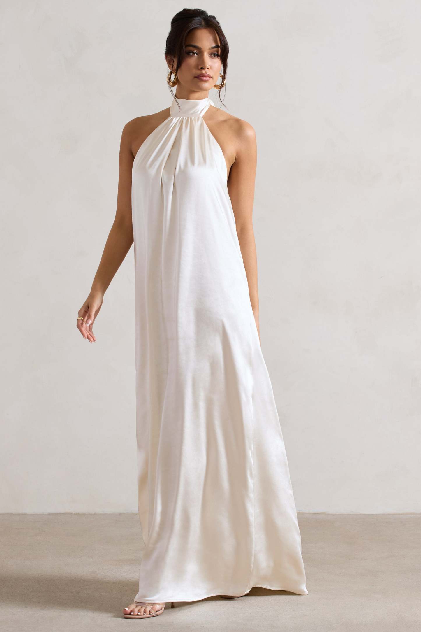 Gloriana Cream Satin High-Neck Maxi Dress-Fashionmomo.All Rights Reserved