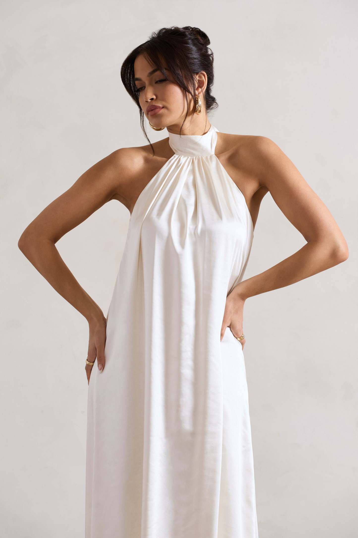 Gloriana Cream Satin High-Neck Maxi Dress-Fashionmomo.All Rights Reserved