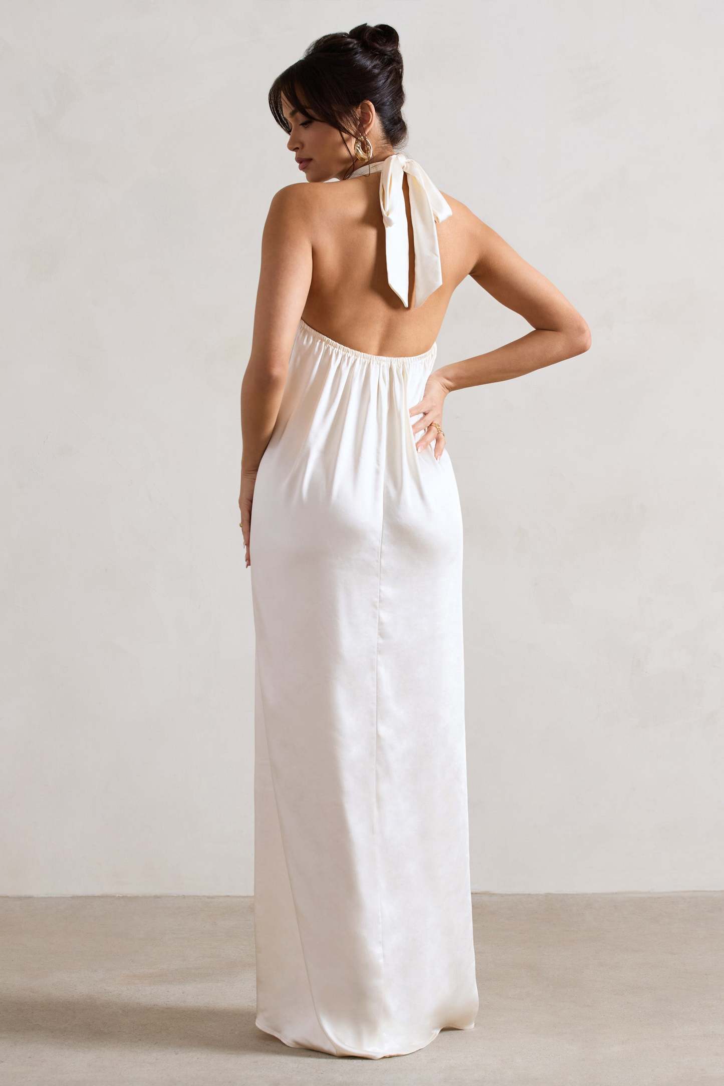 Gloriana Cream Satin High-Neck Maxi Dress-Fashionmomo.All Rights Reserved