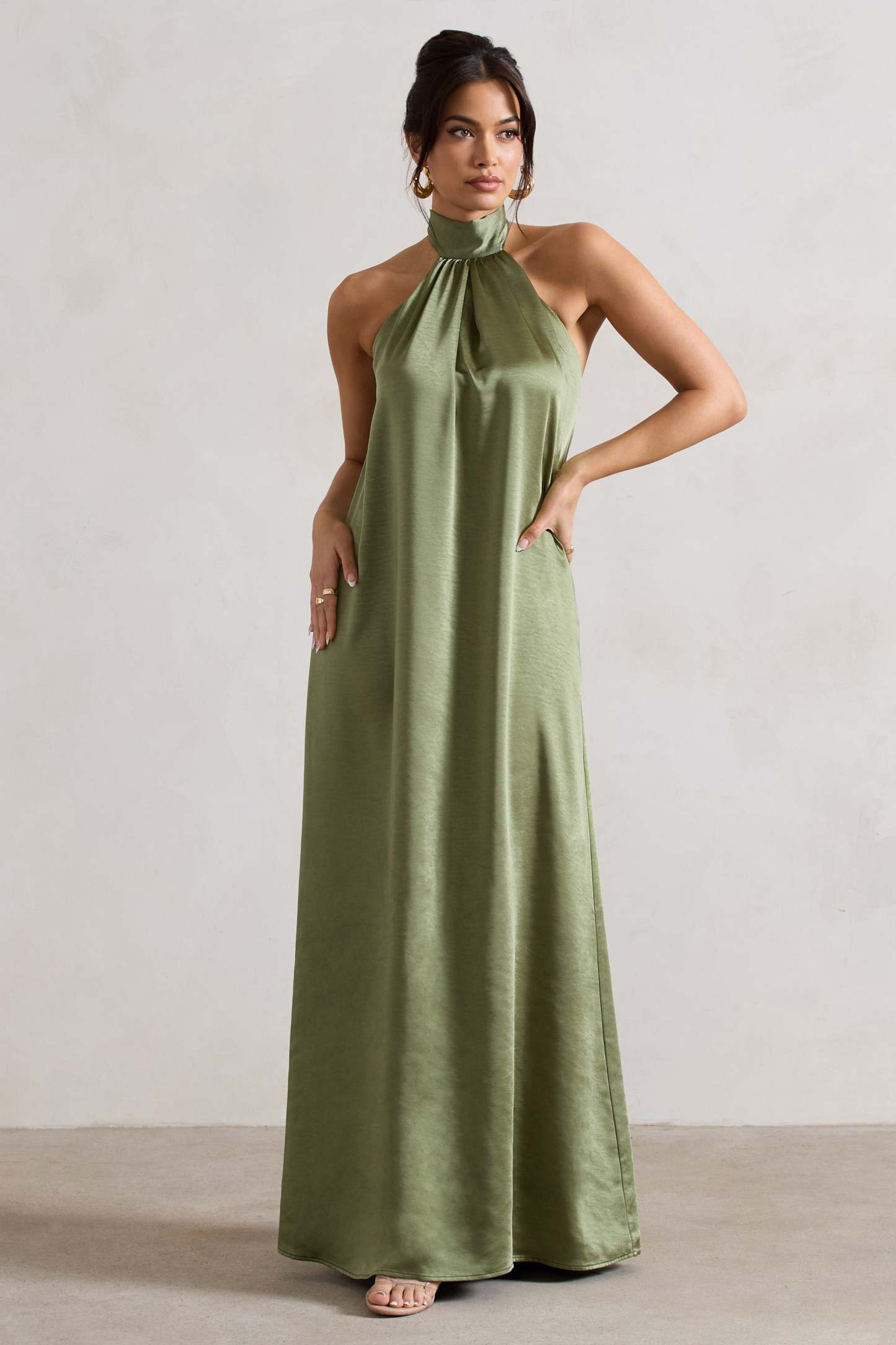 Gloriana Olive Green Satin High-Neck Maxi Dress-Fashionmomo.All Rights Reserved