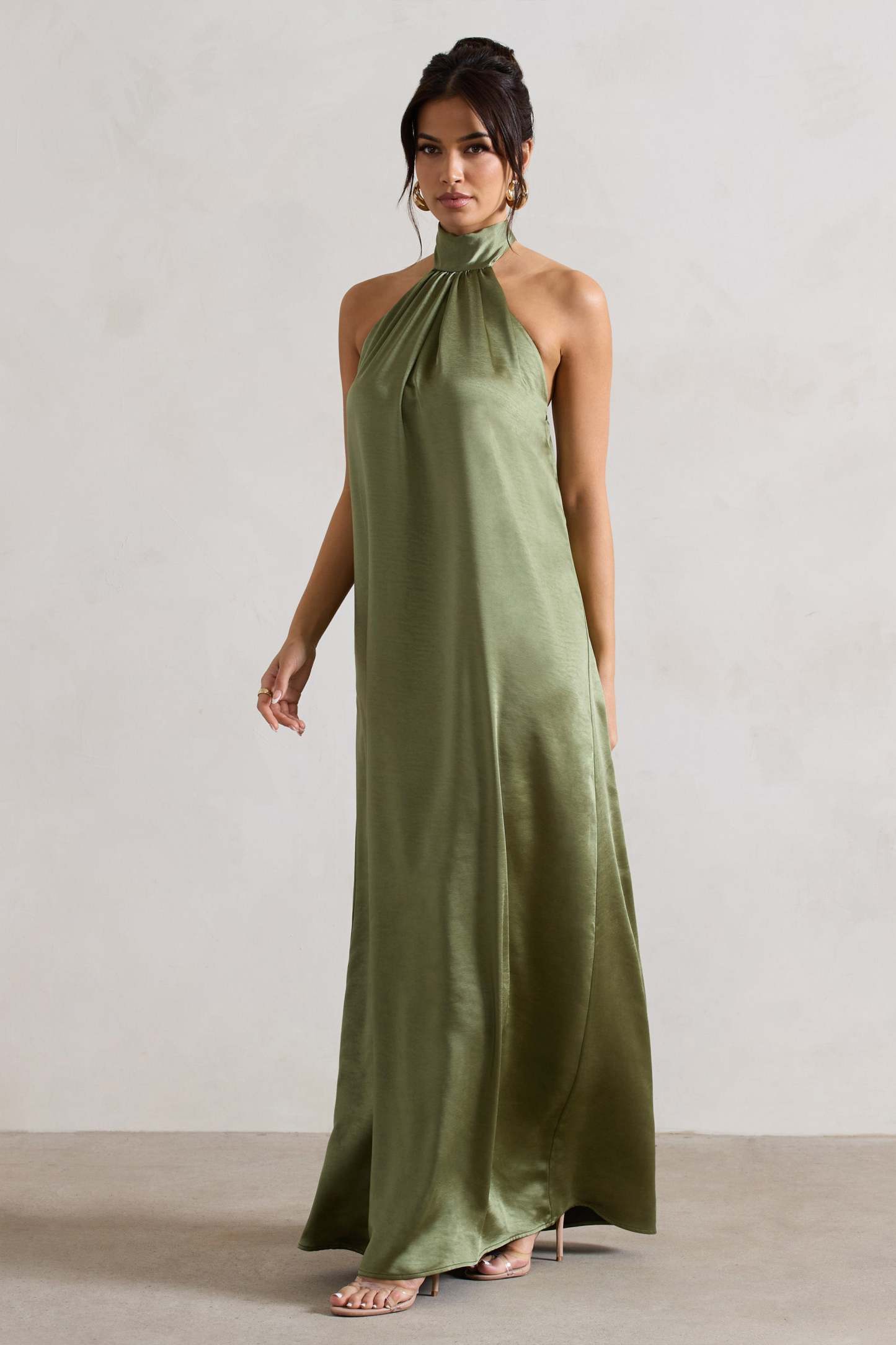 Gloriana Olive Green Satin High-Neck Maxi Dress-Fashionmomo.All Rights Reserved