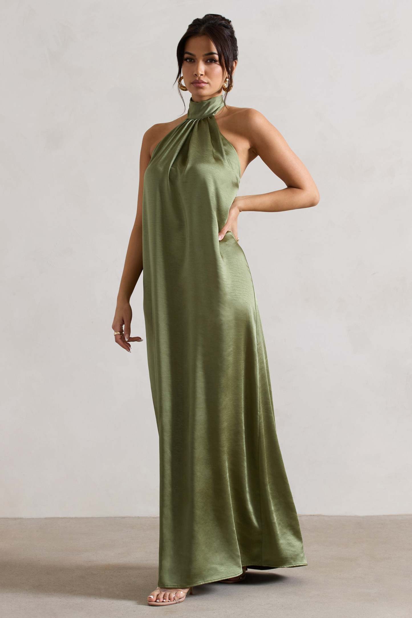 Gloriana Olive Green Satin High-Neck Maxi Dress-Fashionmomo.All Rights Reserved