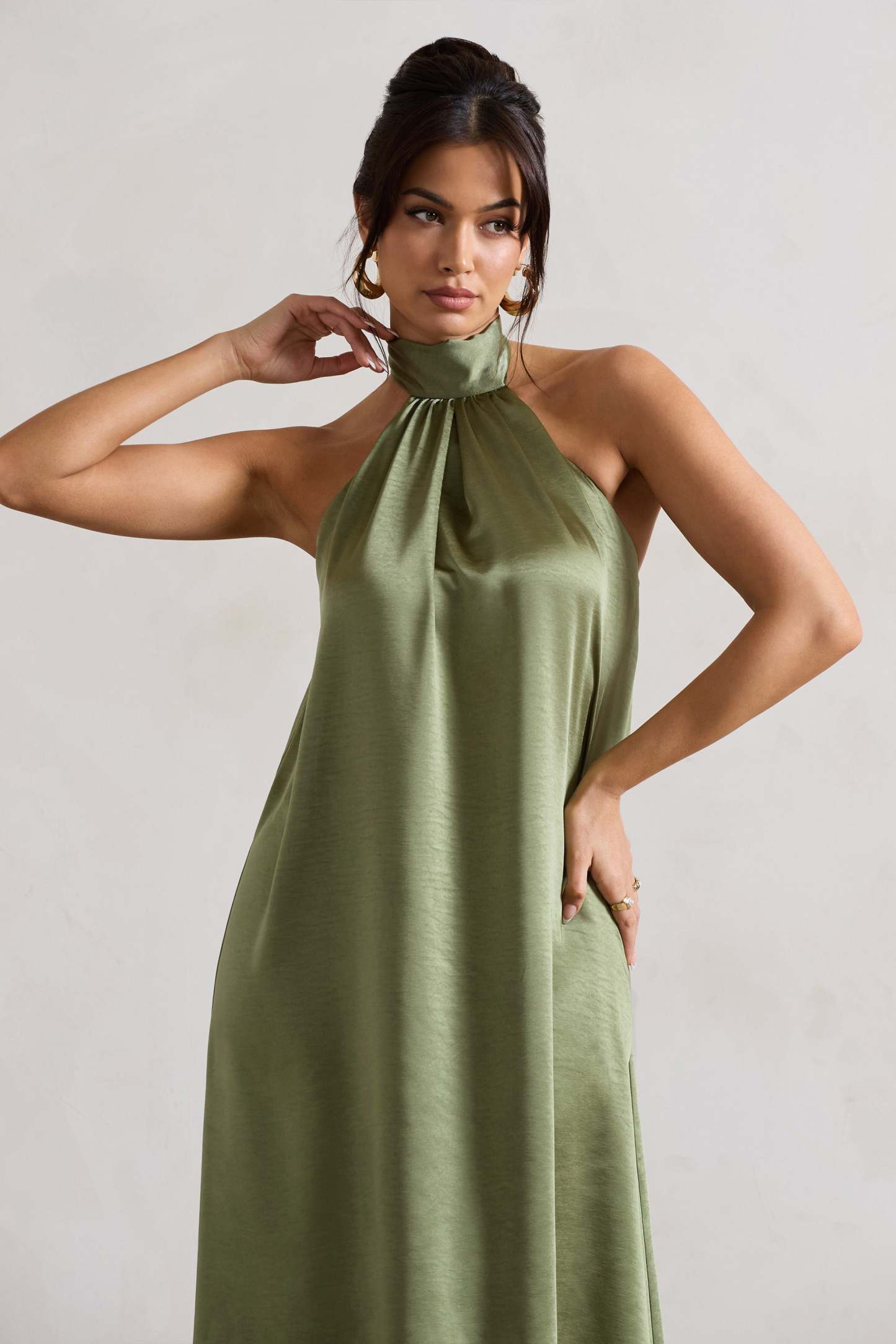 Gloriana Olive Green Satin High-Neck Maxi Dress-Fashionmomo.All Rights Reserved