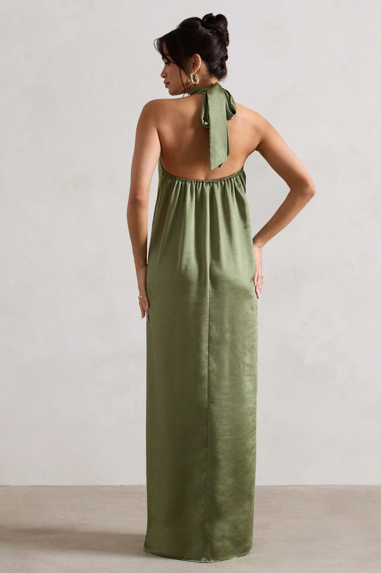 Gloriana Olive Green Satin High-Neck Maxi Dress-Fashionmomo.All Rights Reserved