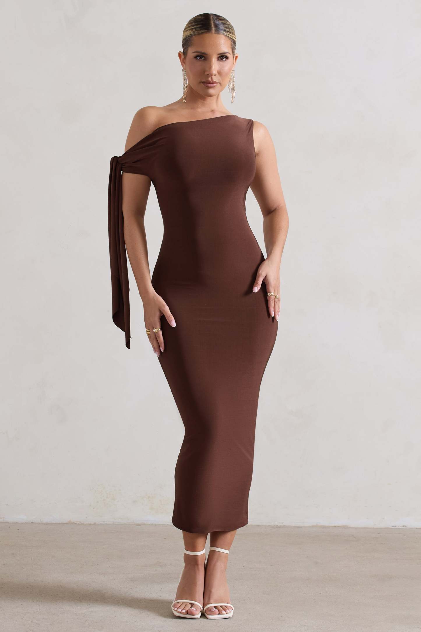Adapt Chocolate Brown Asymmetric Midi Dress With Tie Sleeve-Fashionmomo.All Rights Reserved