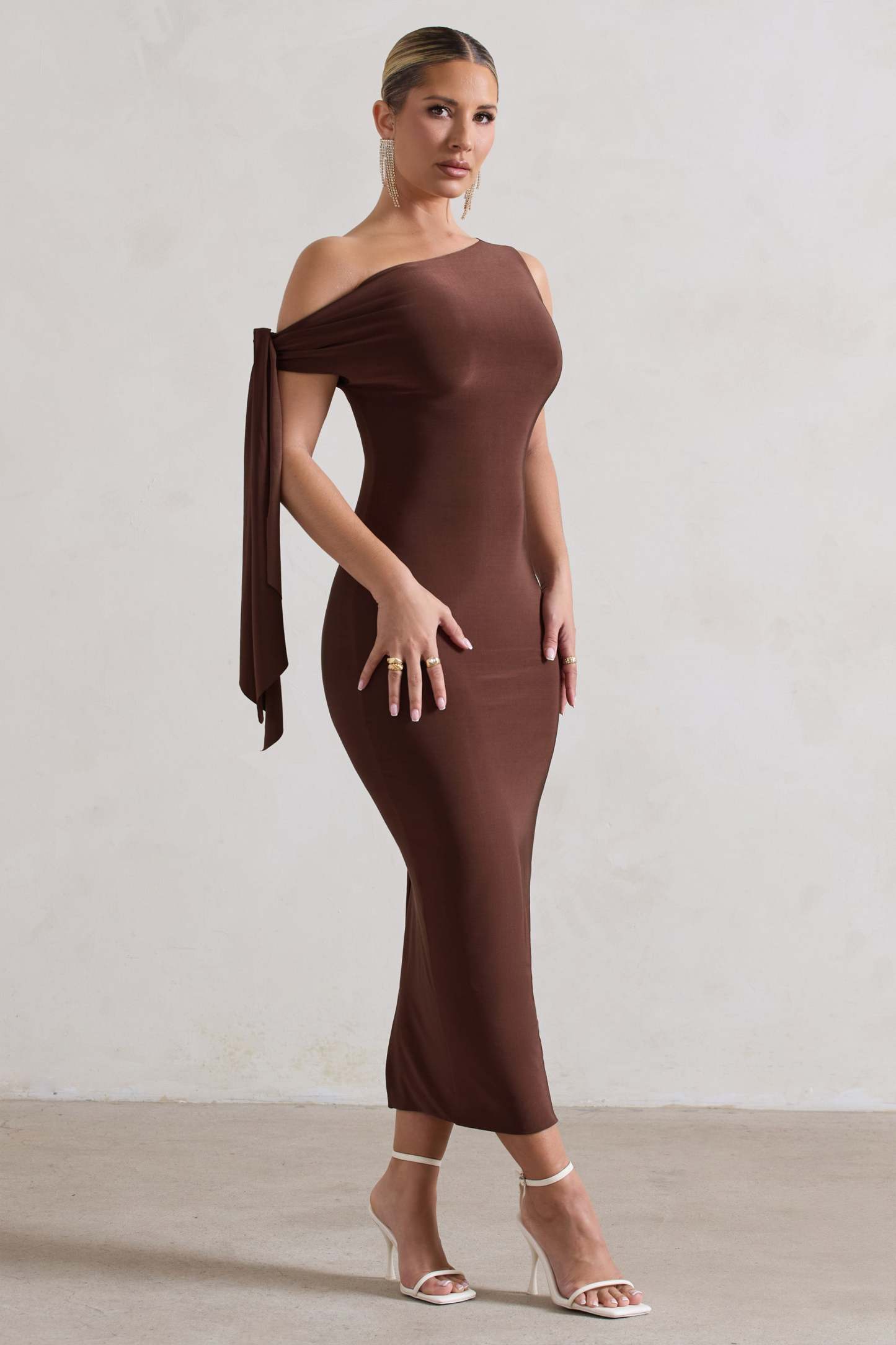 Adapt Chocolate Brown Asymmetric Midi Dress With Tie Sleeve-Fashionmomo.All Rights Reserved