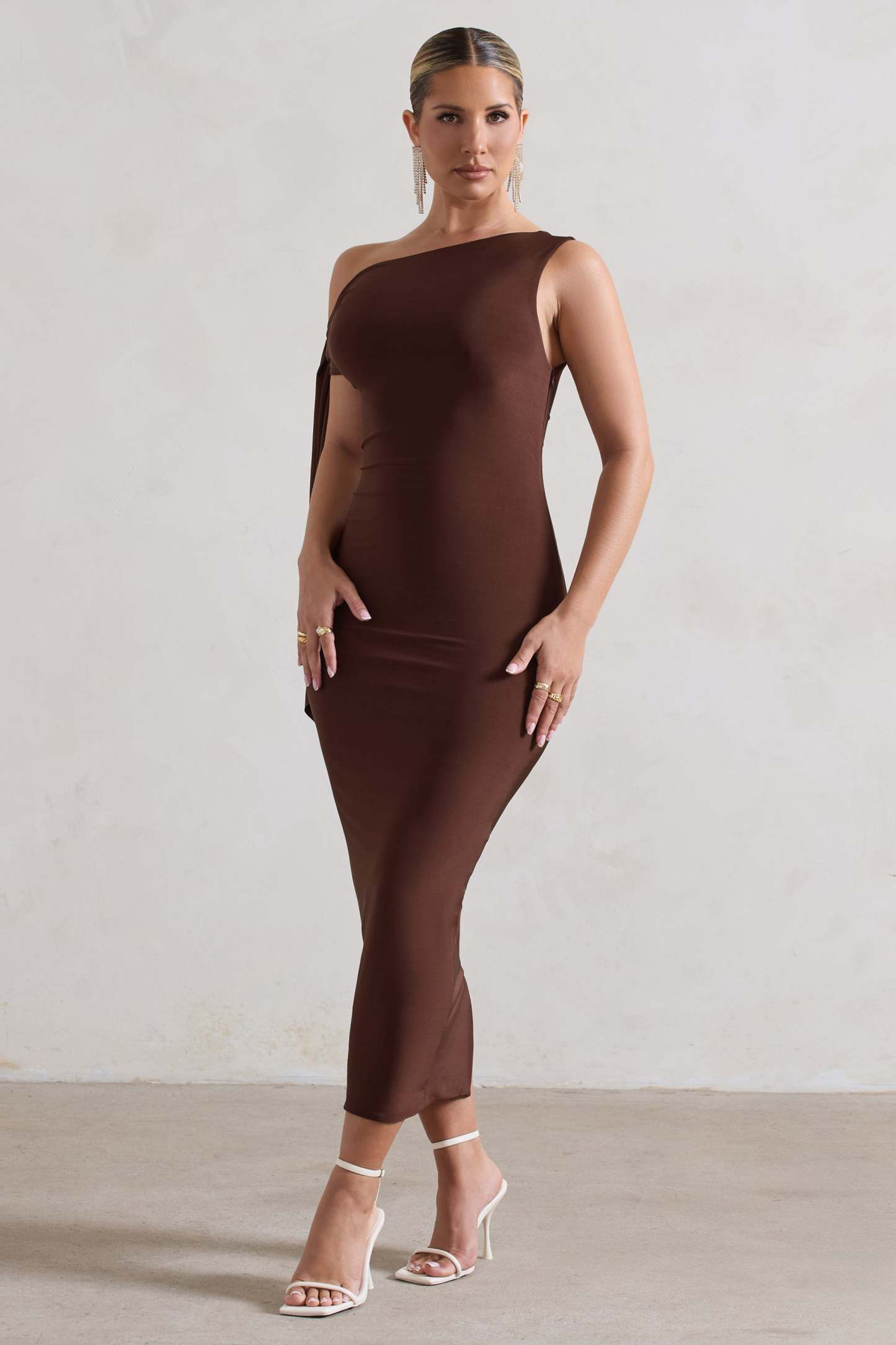 Adapt Chocolate Brown Asymmetric Midi Dress With Tie Sleeve-Fashionmomo.All Rights Reserved