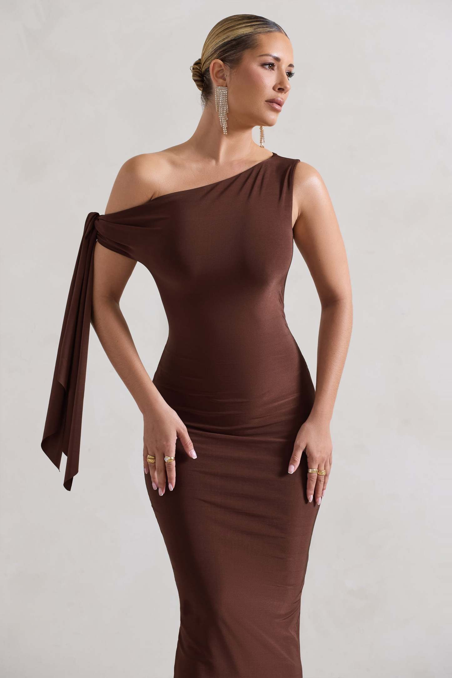 Adapt Chocolate Brown Asymmetric Midi Dress With Tie Sleeve-Fashionmomo.All Rights Reserved