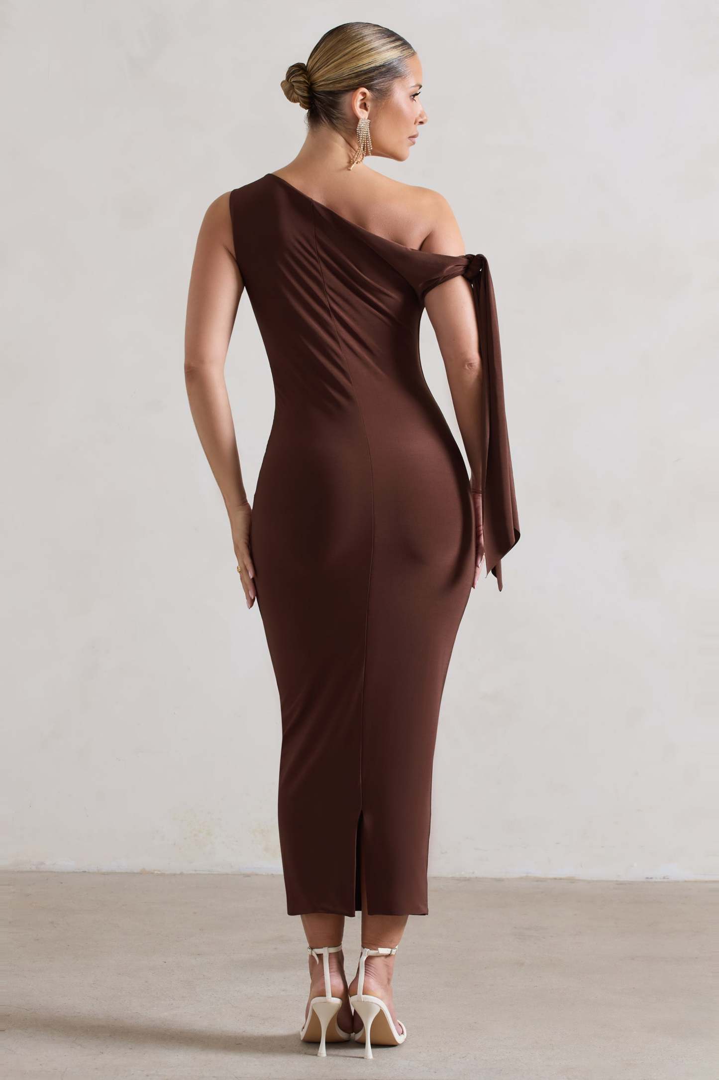 Adapt Chocolate Brown Asymmetric Midi Dress With Tie Sleeve-Fashionmomo.All Rights Reserved