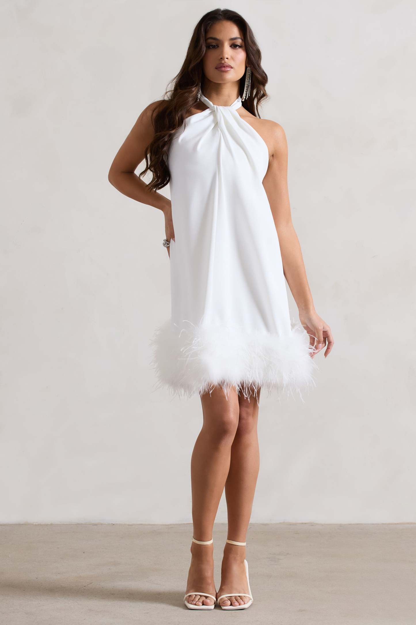 Femme White Halter-Neck Smock Mini Dress With Feather Hem-Fashionmomo.All Rights Reserved