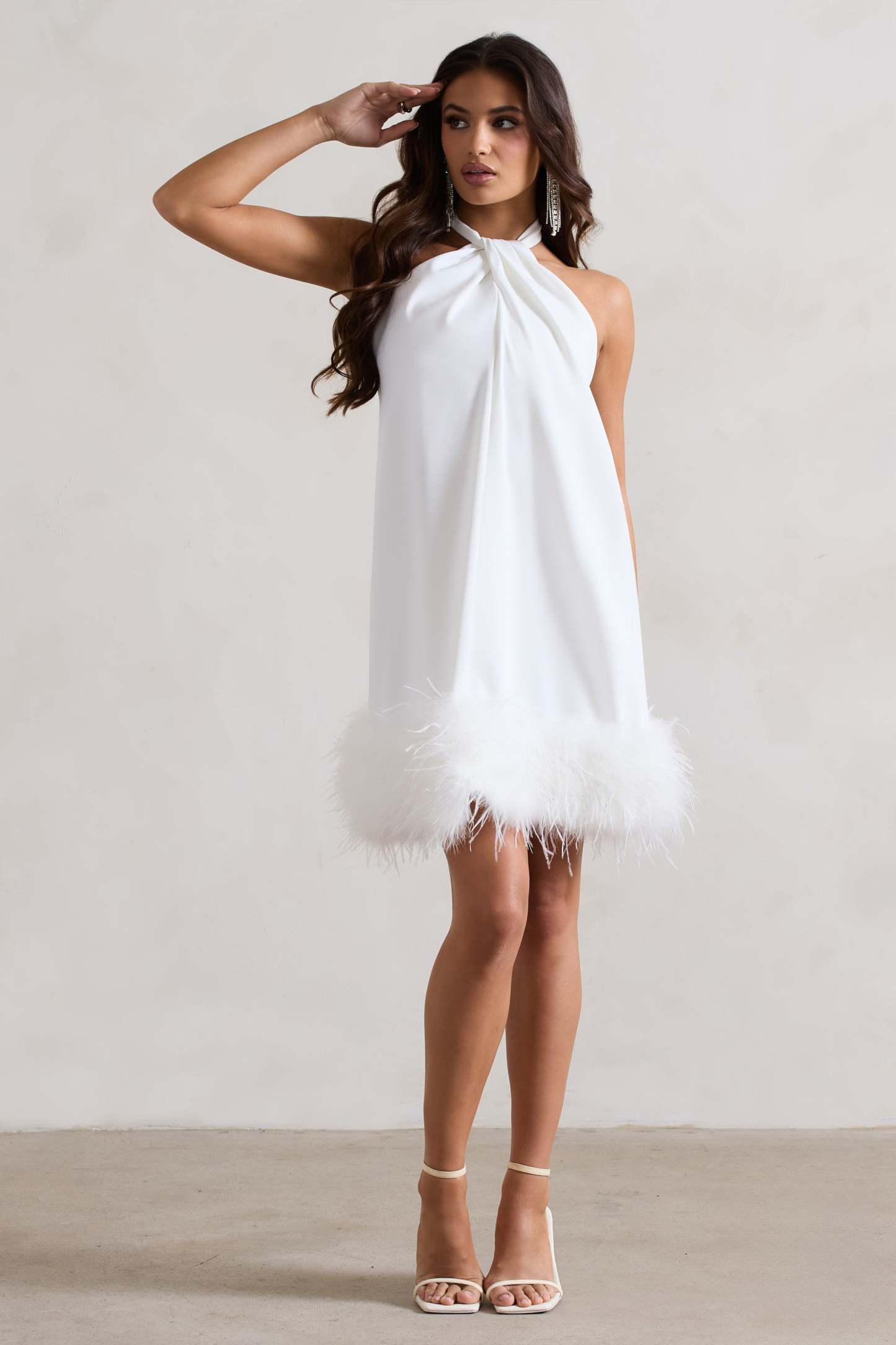 Femme White Halter-Neck Smock Mini Dress With Feather Hem-Fashionmomo.All Rights Reserved