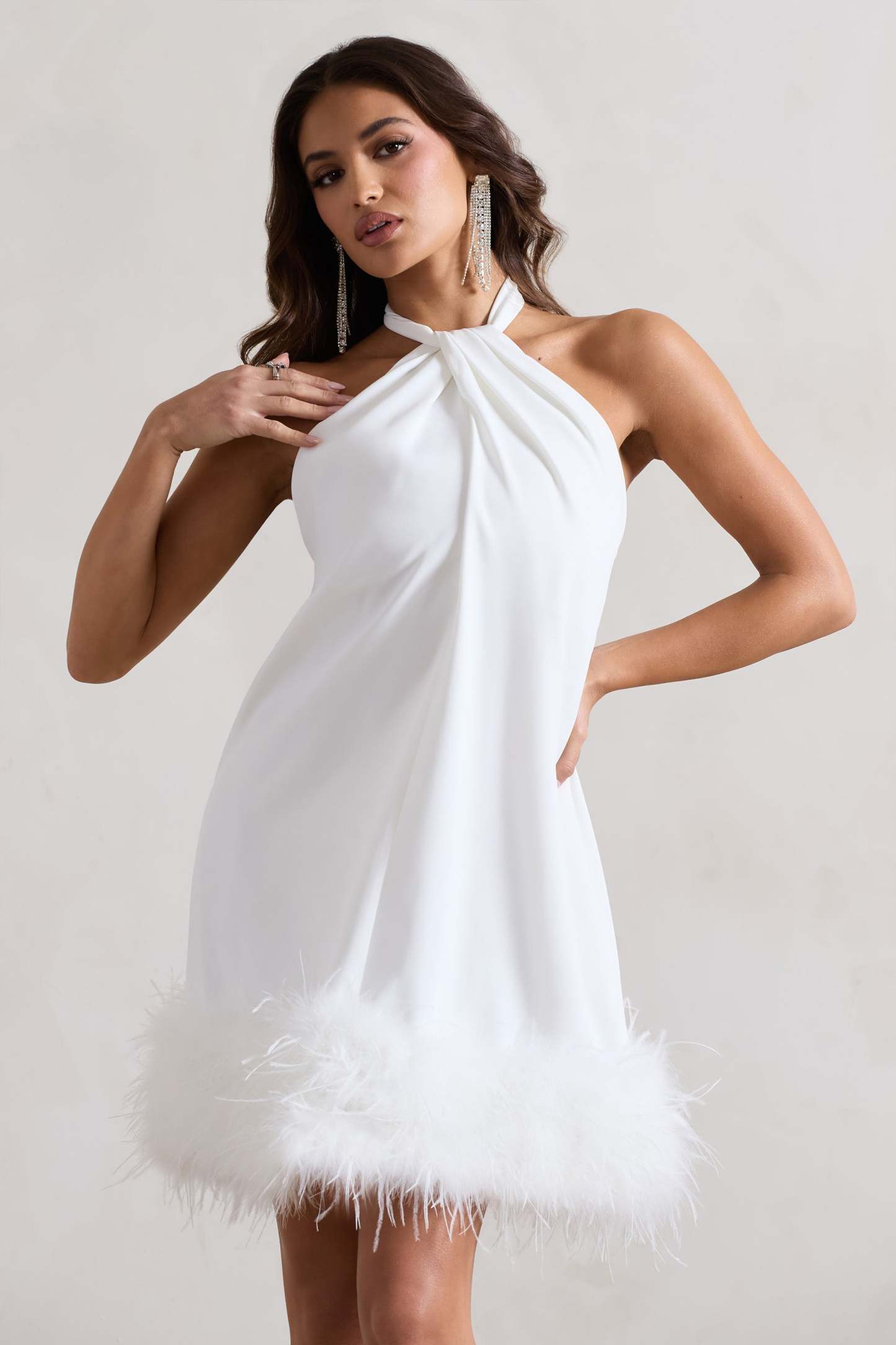 Femme White Halter-Neck Smock Mini Dress With Feather Hem-Fashionmomo.All Rights Reserved