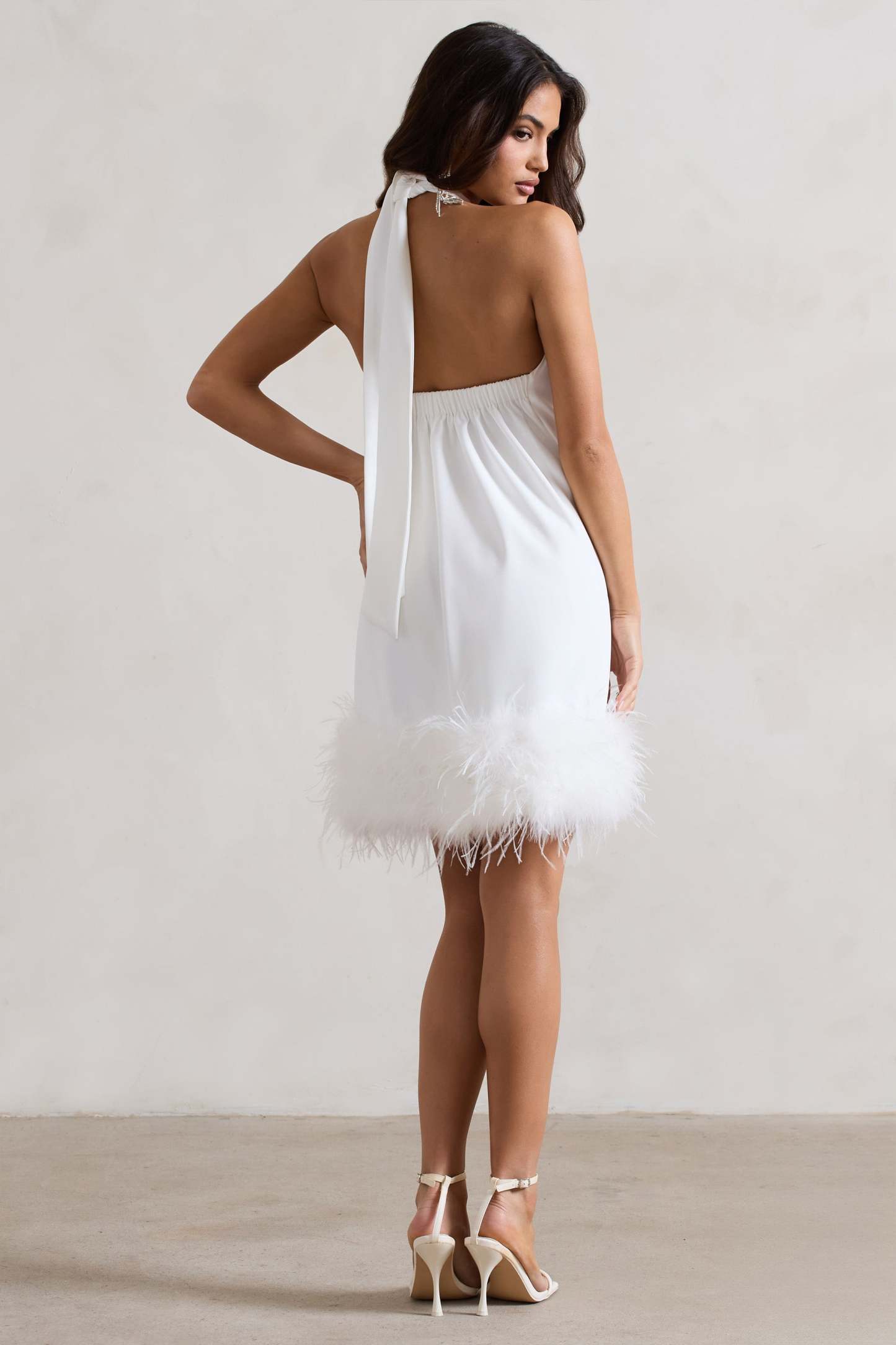 Femme White Halter-Neck Smock Mini Dress With Feather Hem-Fashionmomo.All Rights Reserved