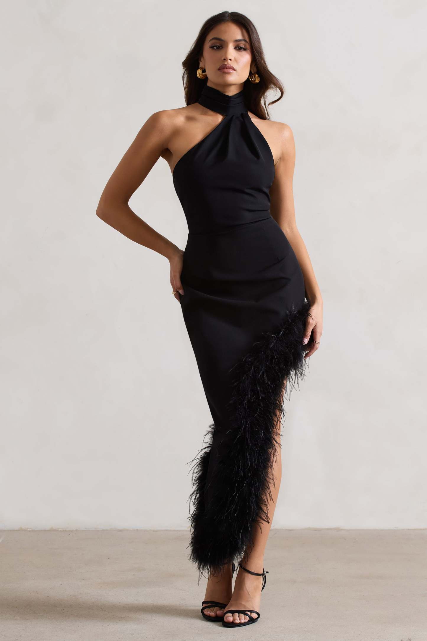 Brilliance Black Asymmetric Maxi Dress With Feather Trim-Fashionmomo.All Rights Reserved