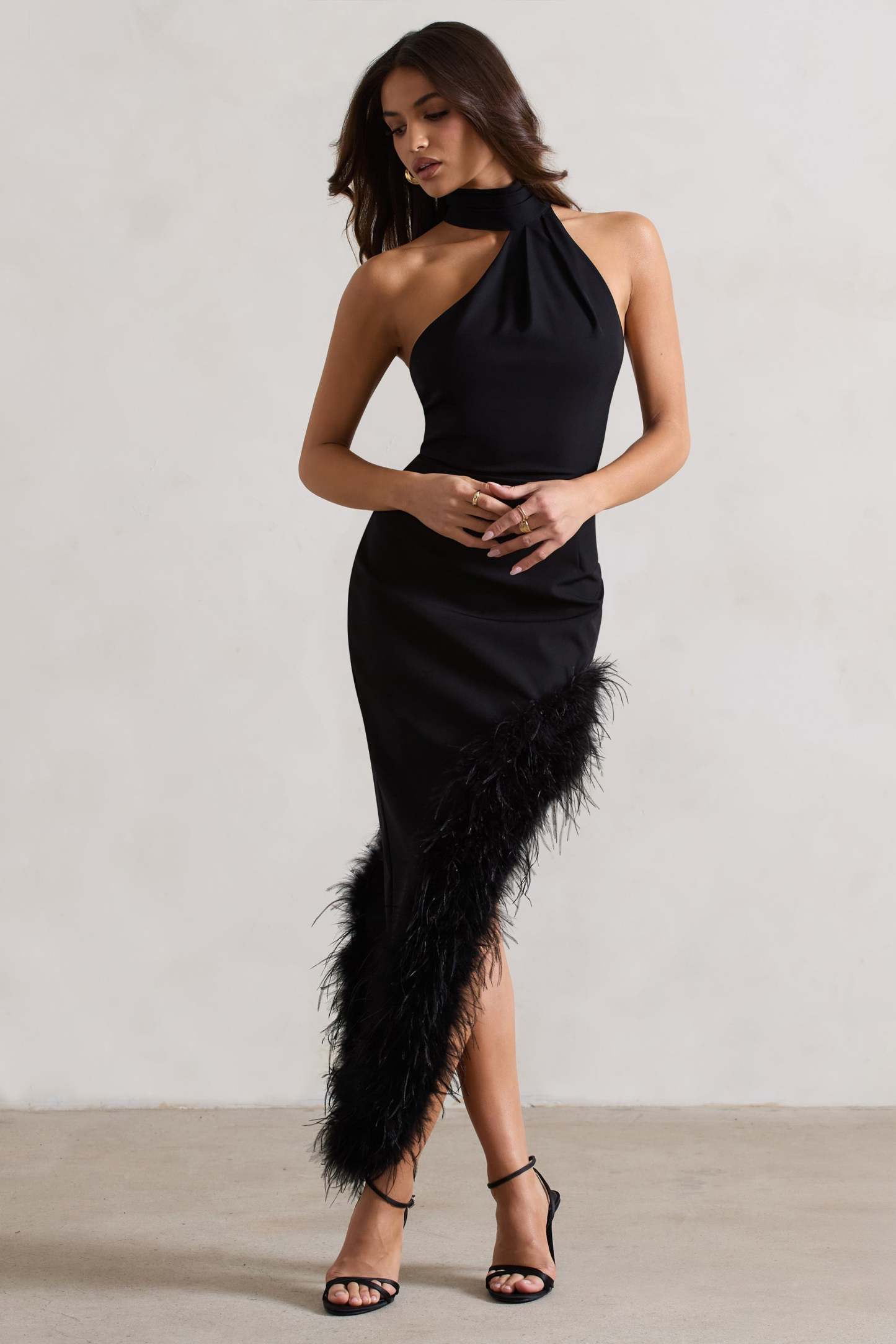 Brilliance Black Asymmetric Maxi Dress With Feather Trim-Fashionmomo.All Rights Reserved