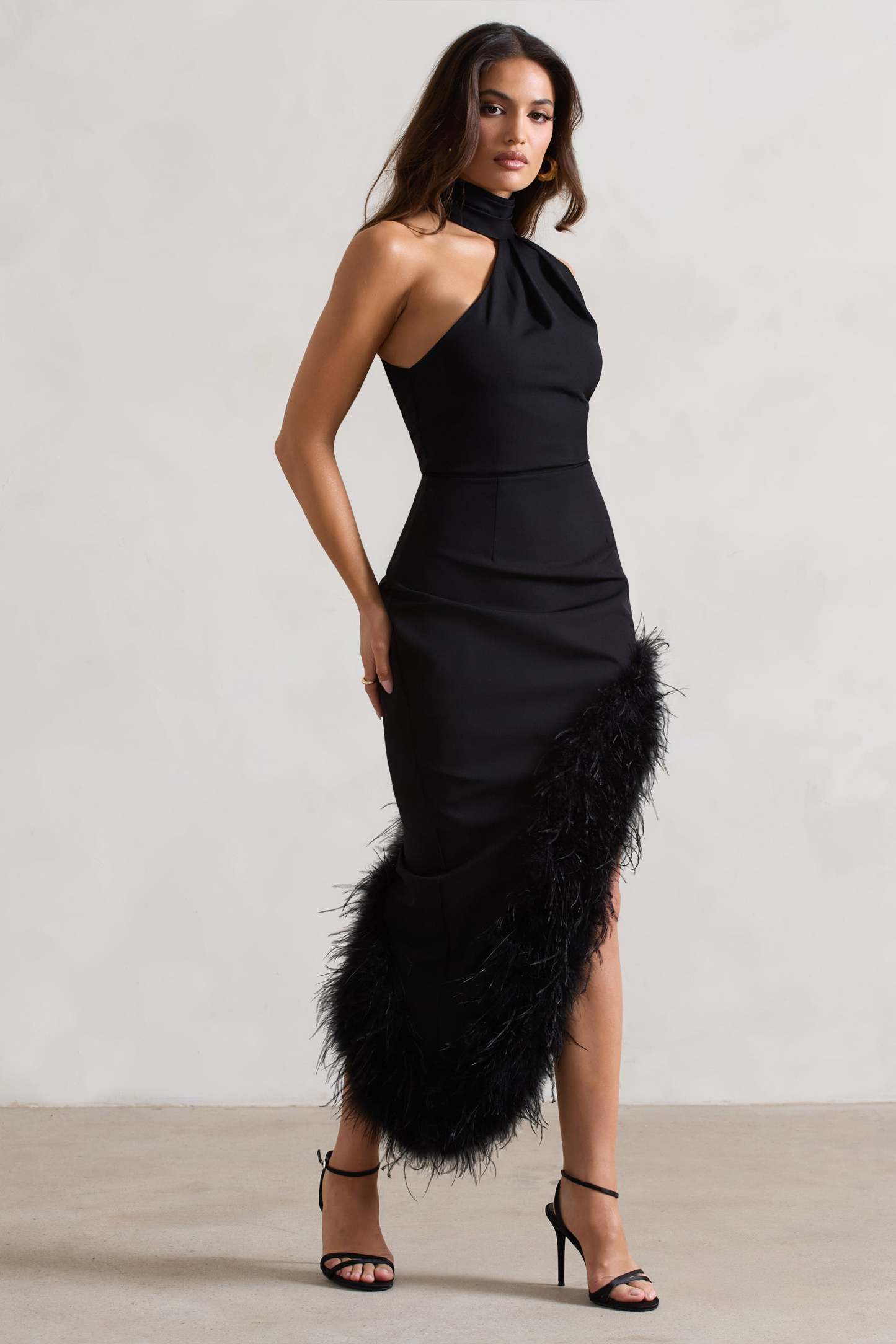 Brilliance Black Asymmetric Maxi Dress With Feather Trim-Fashionmomo.All Rights Reserved