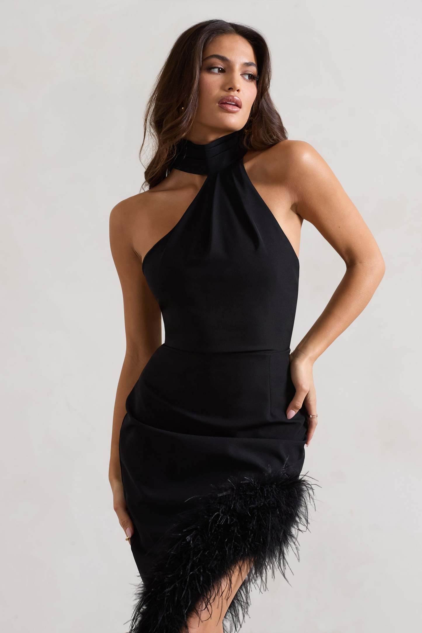 Brilliance Black Asymmetric Maxi Dress With Feather Trim-Fashionmomo.All Rights Reserved