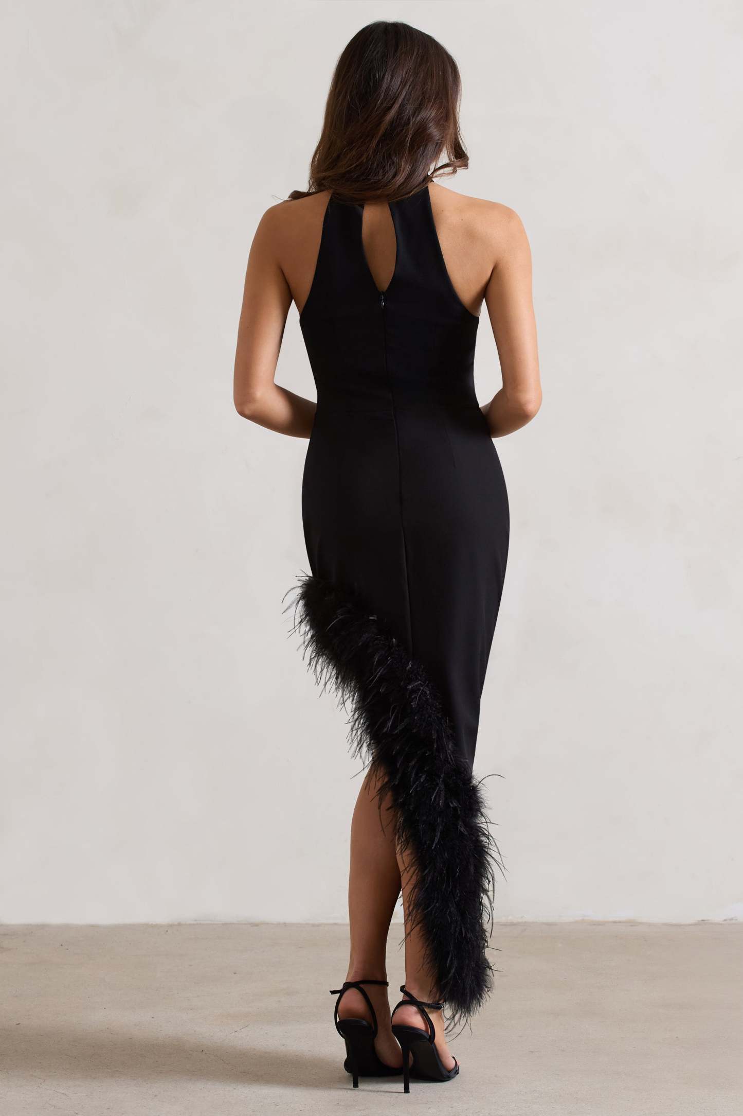 Brilliance Black Asymmetric Maxi Dress With Feather Trim-Fashionmomo.All Rights Reserved