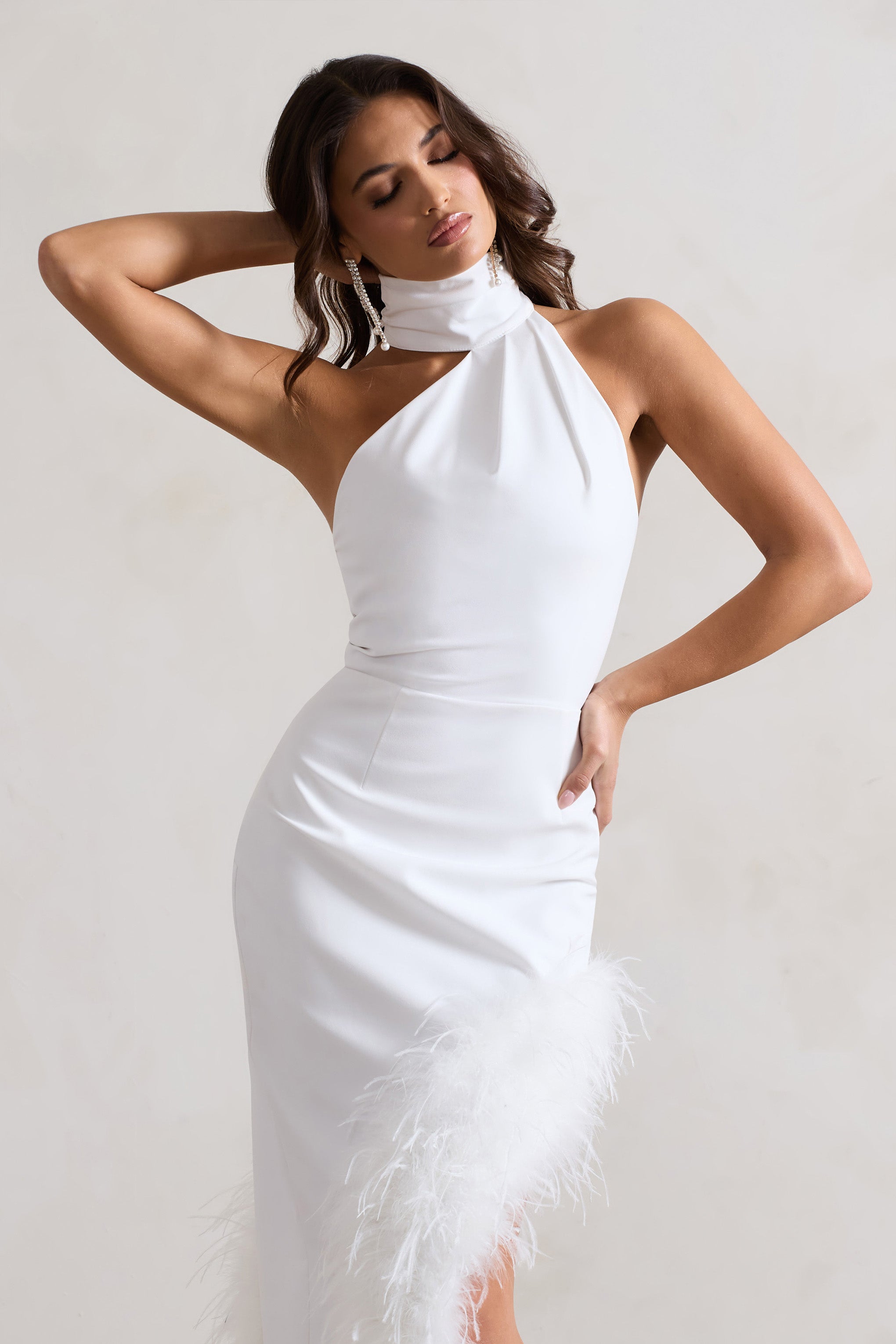 Brilliance White Asymmetric Maxi Dress With Feather Trim-Fashionmomo.All Rights Reserved