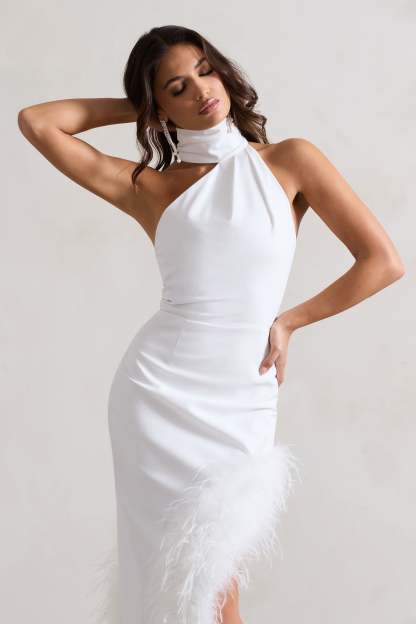 Brilliance White Asymmetric Maxi Dress With Feather Trim-Fashionmomo.All Rights Reserved