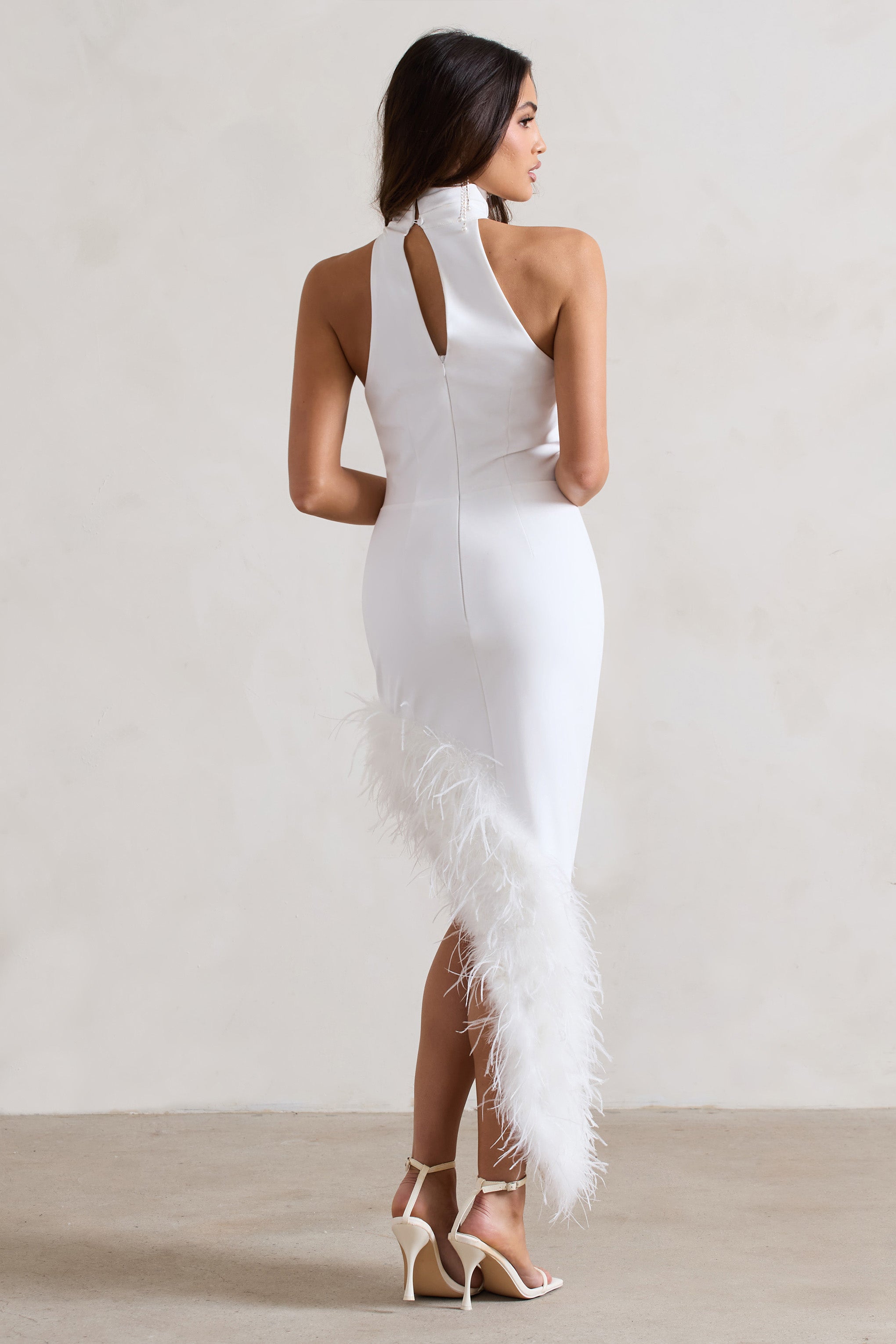 Brilliance White Asymmetric Maxi Dress With Feather Trim-Fashionmomo.All Rights Reserved