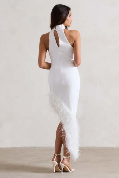 Brilliance White Asymmetric Maxi Dress With Feather Trim-Fashionmomo.All Rights Reserved