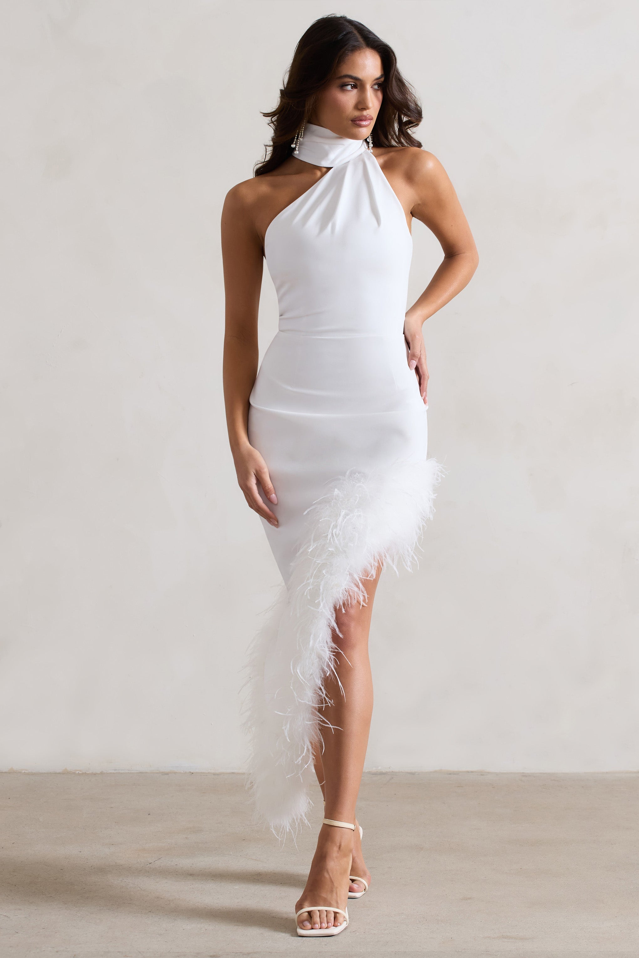 Brilliance White Asymmetric Maxi Dress With Feather Trim-Fashionmomo.All Rights Reserved