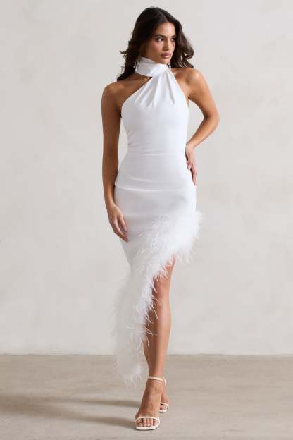 Brilliance White Asymmetric Maxi Dress With Feather Trim-Fashionmomo.All Rights Reserved